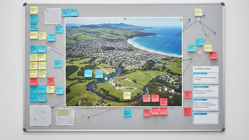 A photographic realism image of a large, wall-mounted planning strategy board in a minimalist office, dedicated to a New Zealand coastal town development. The board features a central printed aerial image of a township near the sea, surrounded by color-coded sticky notes, neatly printed policy excerpts, and small zoning diagrams indicating residential, commercial, and rural zones. Colored thread or thin tape subtly connects related notes, hinting at plan changes, submissions, and review processes. Cool, even daylight from overhead skylights creates a clear, neutral illumination with minimal glare. Captured straight-on with sharp focus and a balanced composition, the atmosphere is strategic and forward-looking, illustrating the complexity and structure of planning policy work while remaining uncluttered and highly professional.
