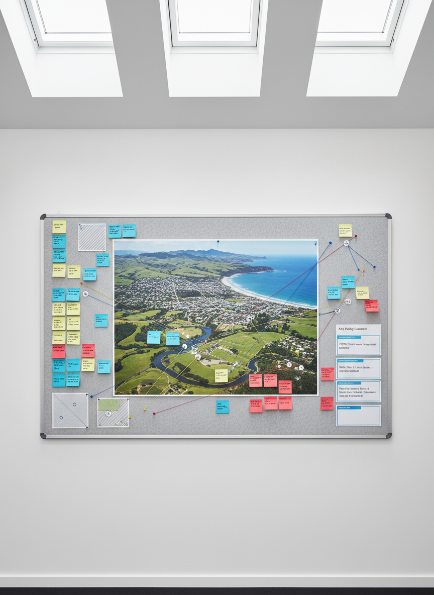 A photographic realism image of a large, wall-mounted planning strategy board in a minimalist office, dedicated to a New Zealand coastal town development. The board features a central printed aerial image of a township near the sea, surrounded by color-coded sticky notes, neatly printed policy excerpts, and small zoning diagrams indicating residential, commercial, and rural zones. Colored thread or thin tape subtly connects related notes, hinting at plan changes, submissions, and review processes. Cool, even daylight from overhead skylights creates a clear, neutral illumination with minimal glare. Captured straight-on with sharp focus and a balanced composition, the atmosphere is strategic and forward-looking, illustrating the complexity and structure of planning policy work while remaining uncluttered and highly professional.