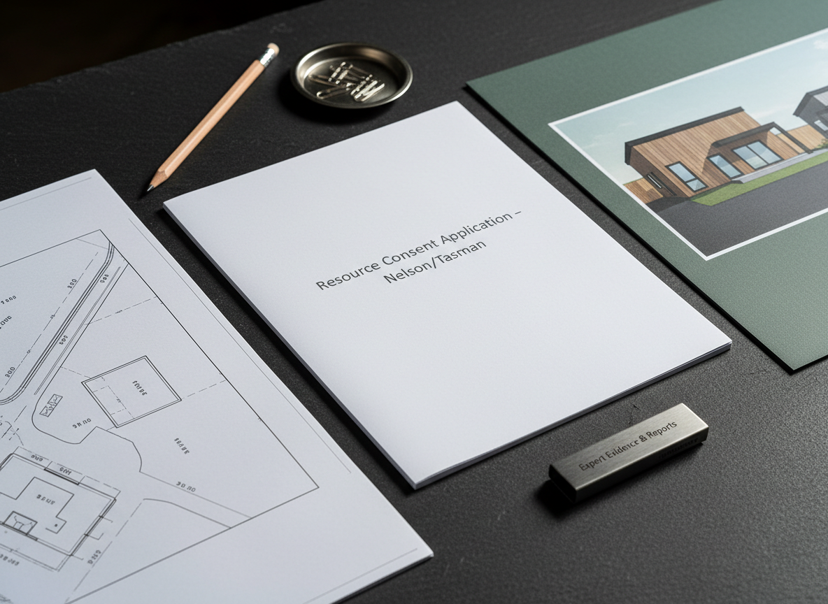 A dramatic yet clean photographic image of a resource consent application package assembled on a dark, matte slate surface. In the center lies a stapled, white proposal document with a crisp cover page titled “Resource Consent Application – Nelson/Tasman” in understated typography. Around it are neatly aligned supporting elements: a folded site plan, a color elevation drawing of a small residential development, and a USB drive labeled “Expert Evidence & Reports.” A fine-point graphite pencil and a metal paperclip tray add subtle detail. Side lighting from the left casts defined but soft-edged shadows, highlighting textures of paper and slate. Shot from a slightly elevated angle with shallow depth of field, the mood is precise, confident, and methodical, emphasizing the thoroughness of planning advice and consent preparation.
