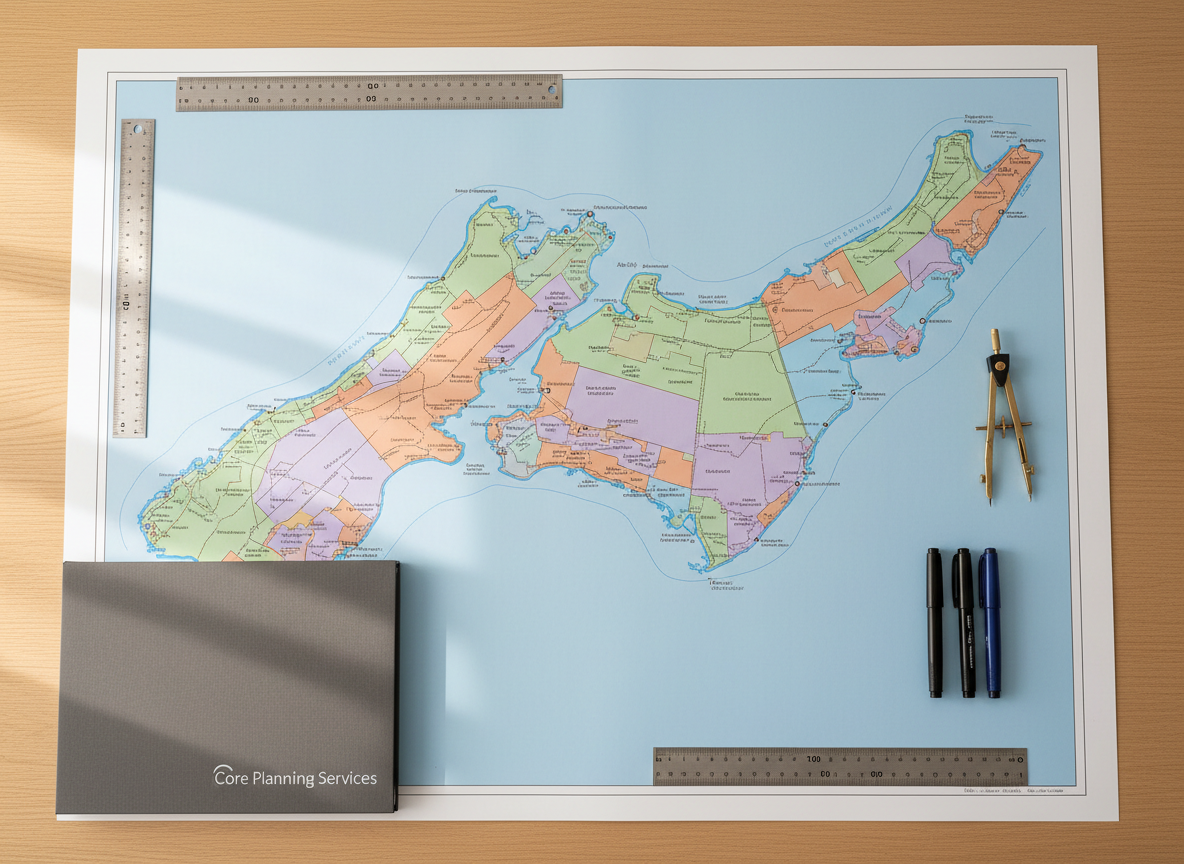 A highly detailed top-down photographic view of a large printed town planning map spread across a light oak meeting table. The map shows a stylized Nelson/Tasman coastal outline, zoning colors, contour lines, and neatly labeled precincts, with slim metal scale rulers, a compass, and fine-tipped pens arranged precisely along the edges. A closed charcoal-grey folder embossed subtly with “Core Planning Services” lies near the corner. Soft, diffused daylight from an unseen window creates gentle reflections on the glossy map surface and faint shadows from the tools. The mood is calm, analytical, and professional. Shot with sharp focus across the entire frame, clean composition, and photographic realism to convey clarity, order, and trustworthy expertise in town planning consultancy.